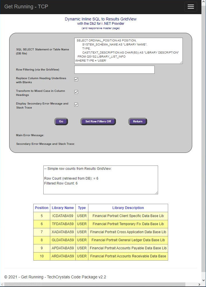 Dynamic Inline SQL to Results GridView with responsive master page demonstrating SQL to list out the user library list